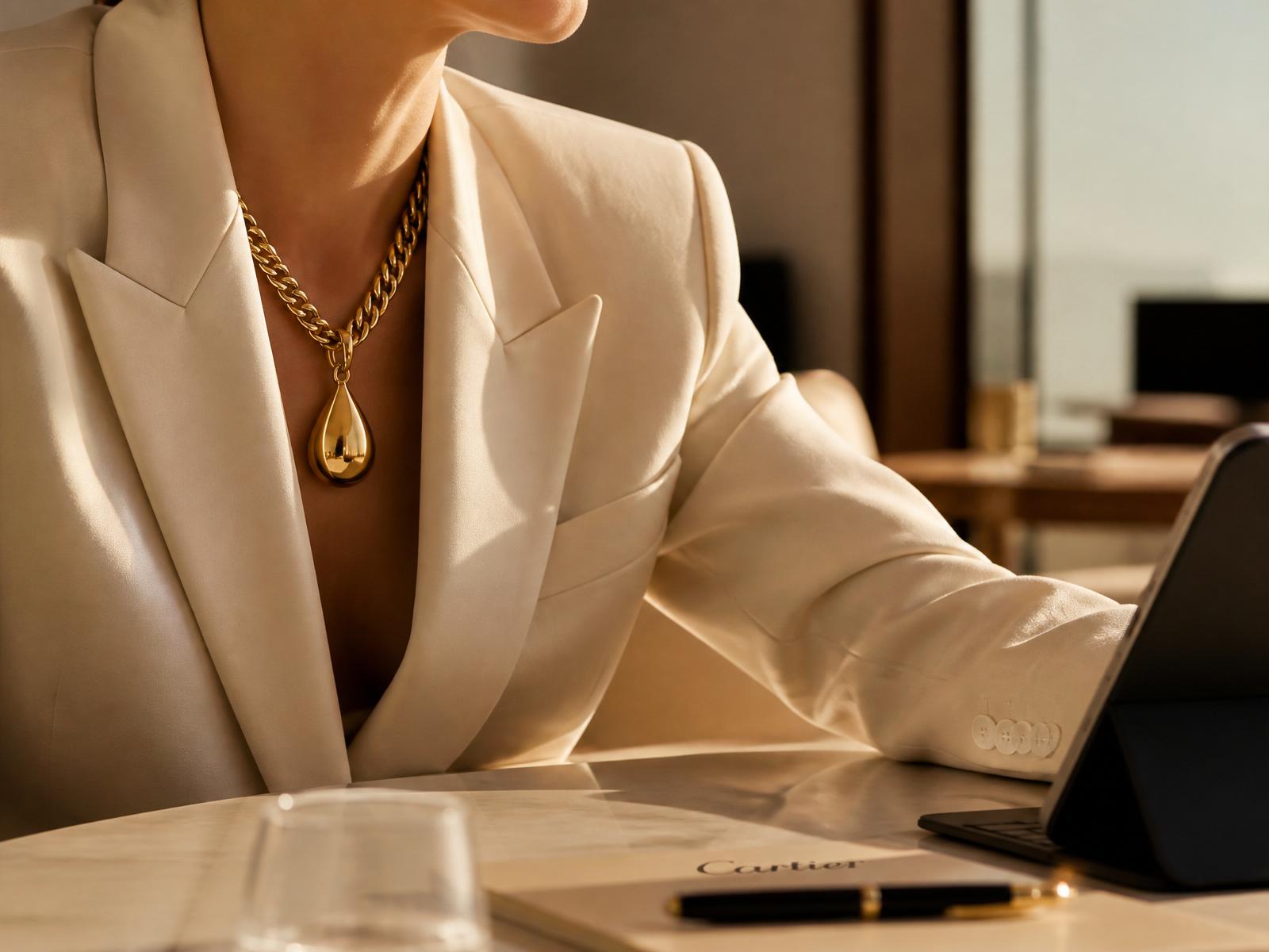A founder wearing the AUREM gold Cuban pendant in a sunlit meeting
